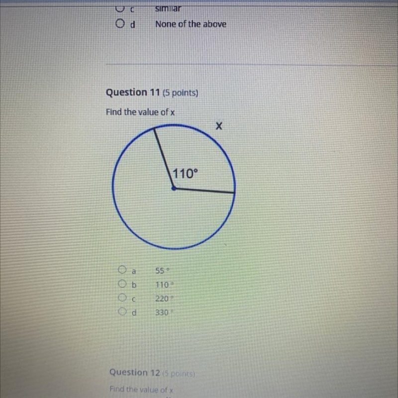 Find the value of x A. 55 degrees B. 110 degrees C. 220 degrees D. 330 degrees-example-1