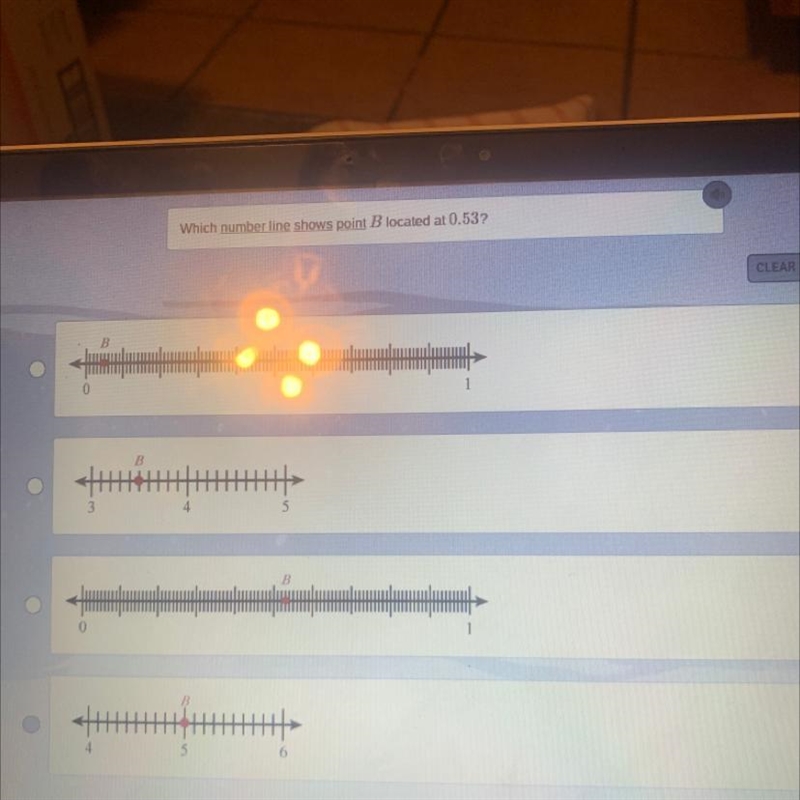 Which number line shows point B located at 0.53? CLEAR B B 3 4 5 B 0 B В 4-example-1