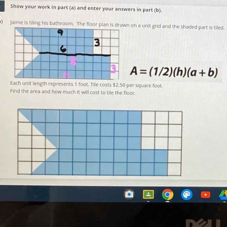 Answer the question in the photo. What would be the area and what would be the cost-example-1