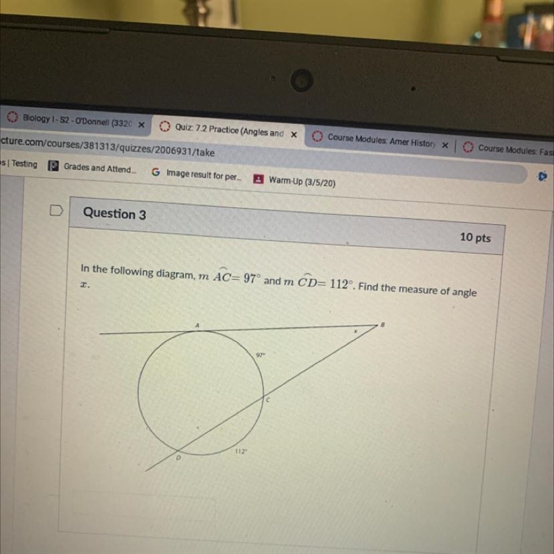 In the following diagram, m AC= 97° and m CD= 112°. Find the measure of angle x.-example-1