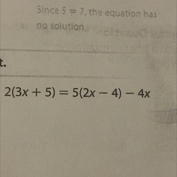 Solve for x 2(3x+5)=5(2x-4)-4x-example-1