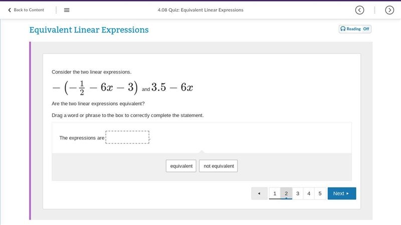 Consider the two linear expressions. −(−12−6x−3) and 3.5−6x Are the two linear expressions-example-1