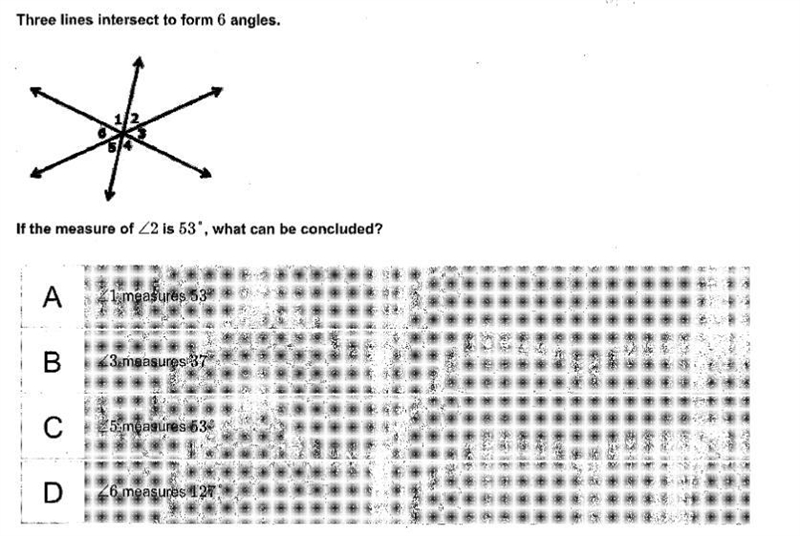 Three lines intersect to form 6 angles if the measure of <2 is 53° what can be-example-1