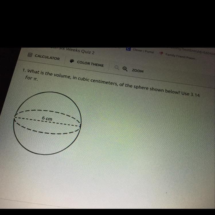 1. What is the volume, in cubic centimeters, of the sphere shown below? Use 3.14 for-example-1