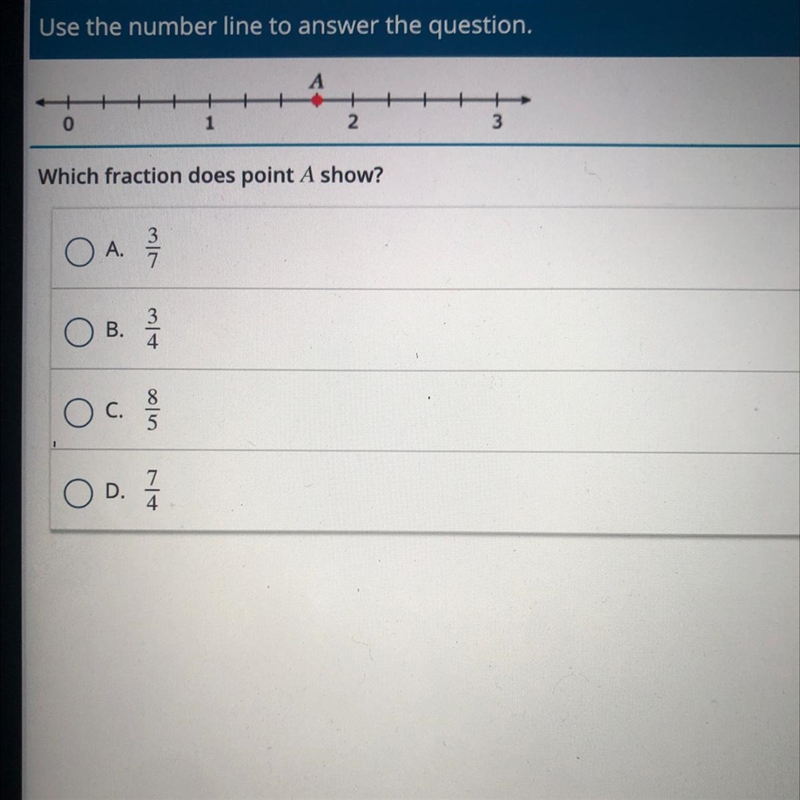 Which fraction does point A show? A.3/7 B.3/4 C.8/5 D.7/4-example-1