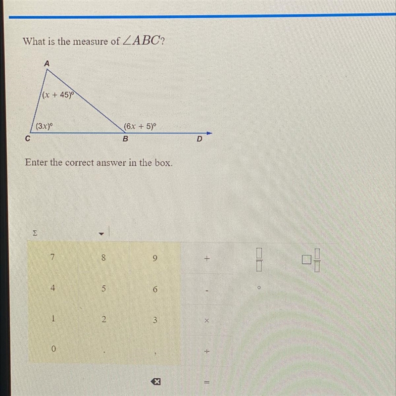 What is the measure of ZABC? A /(x + 45) (3x) (6x + 5)º B С D Enter the correct answer-example-1