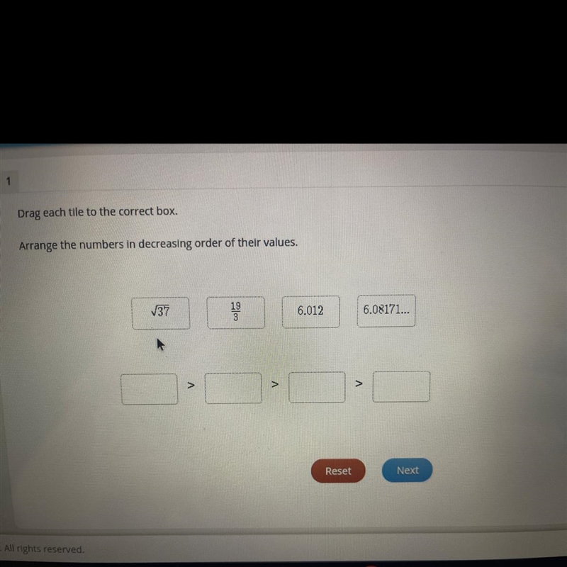 Arrange the numbers in decreasing order of their values. 37 6.012 6.08171... >-example-1