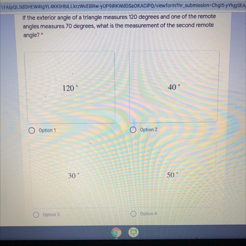 If the exterior angle of a triangle measures 120 degrees and one of the remote angles-example-1