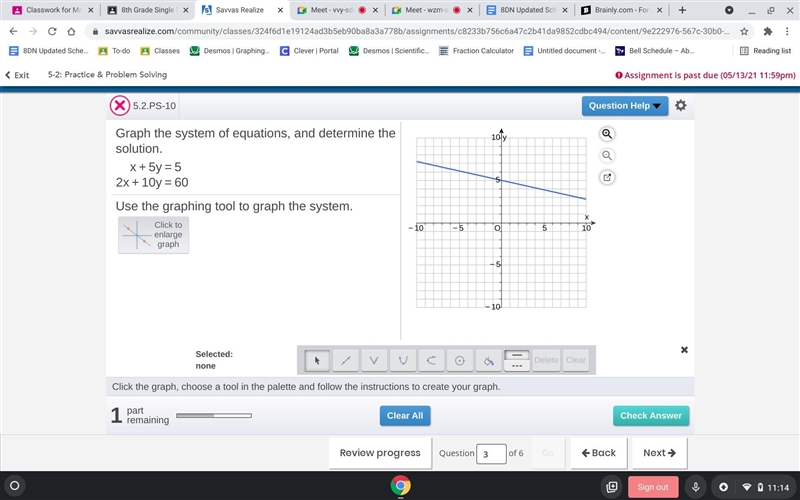 Graph the system of​ equations, and determine the solution. x+5y=5 2x+10y=60-example-1