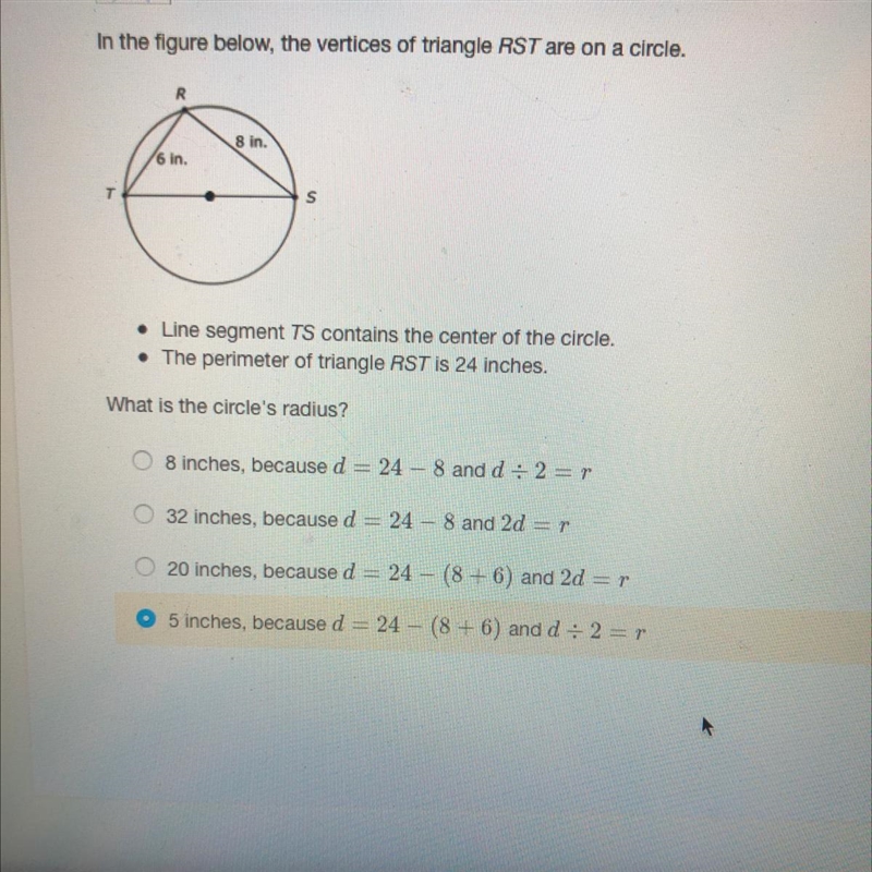 In the figure below, the vertices of triangle RST are on a circle. 8 in. 6 in. s • Line-example-1