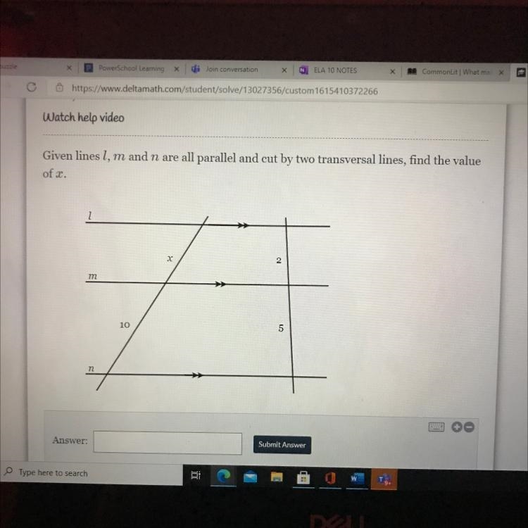 Given lines l, m and n are all parallel and cut by two transversal lines, find the-example-1