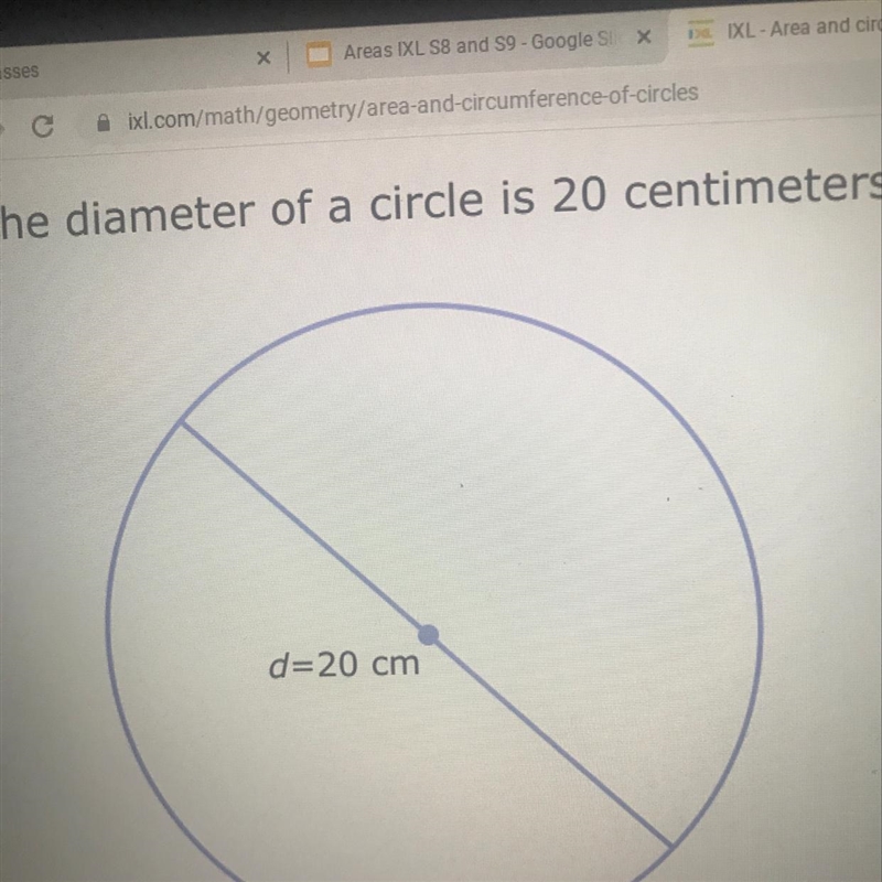 The diameter of a circle is 20 centimeters. What is the circumference?-example-1