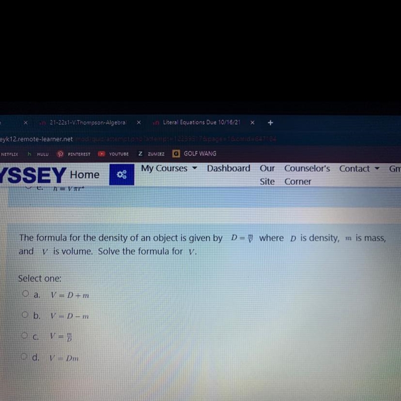 The formula for the density of an object is given by D = m/v where D is density, m-example-1