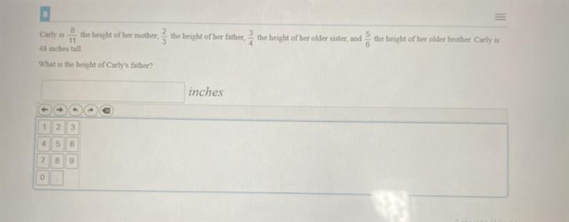 Carly is 8/11 the height of her mother, 2/3 the height of her father, 3/4 the height-example-1