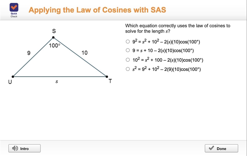 Which equation correctly uses the law of cosines to solve for the length s?-example-1