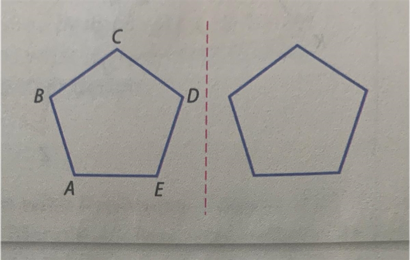 Pentagon ABCDE is reflected across the line shown and then rotated 72 clockwise about-example-1