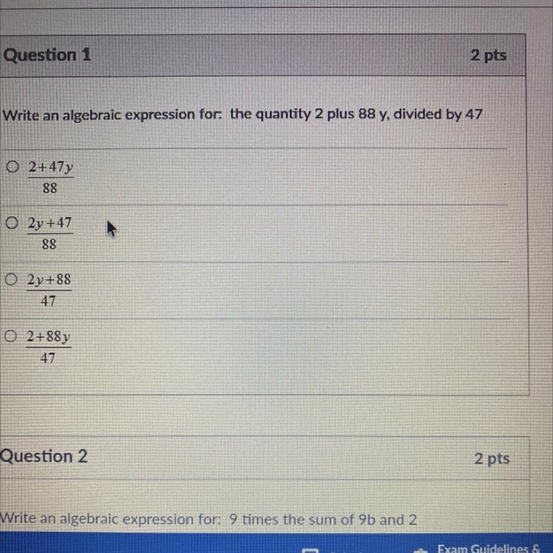 Write an algebraic expression for: the quantity 2 plus 88y divided by 47-example-1