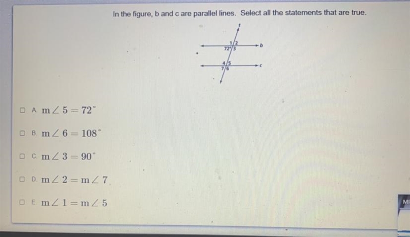 In the figure b and c are parallel lines select all the statements that are true-example-1