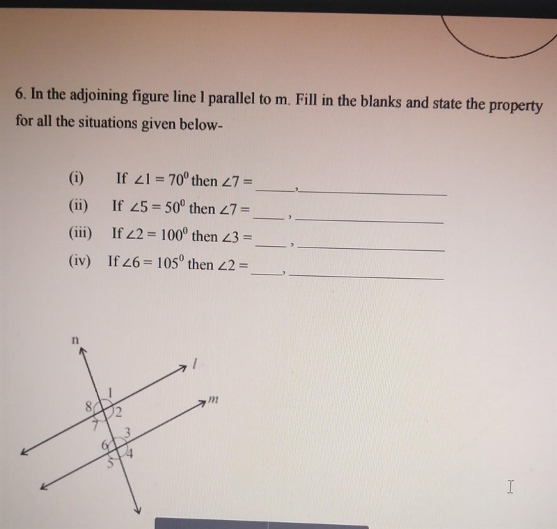 in the adjoining figure line I parallel to m. fill the blanks and state the property-example-1