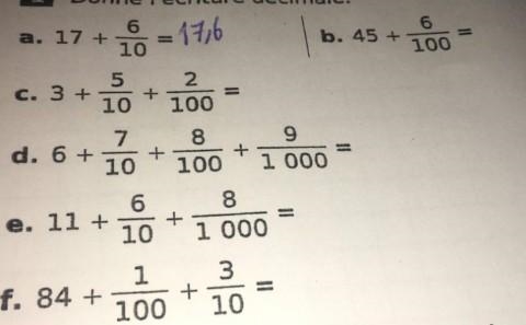 A. 17 + 6 10=17,6 b. 45 + 6 100 5 c. 3 + + 10 2 100 7 8 d. 6 + + 9 + 10 100 1 000 6 e-example-1