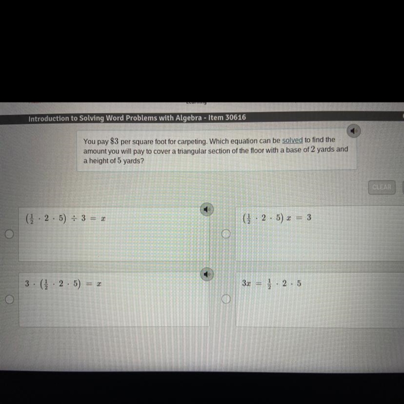 You pay $3 per square foot for carpeting. Which equation can be solved to find the-example-1