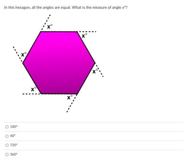 In this hexagon, all the angles are equal. What is the measure of angle x°?-example-1