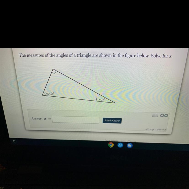 The measures of the angles of a triangle are shown in the figure below. Solve for-example-1