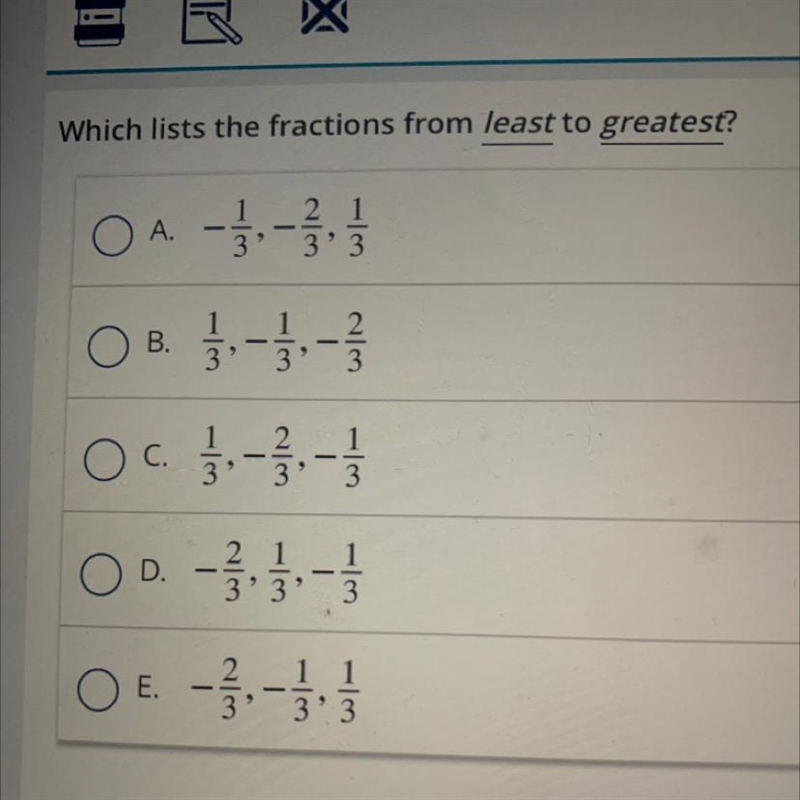 Which lists the fractions from least to greatest?-example-1