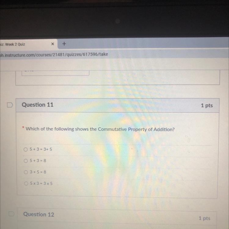 Question 11 Which of the following shows the Commutative Property of Addition? A.5+ 3 = 3+ 5 B-example-1