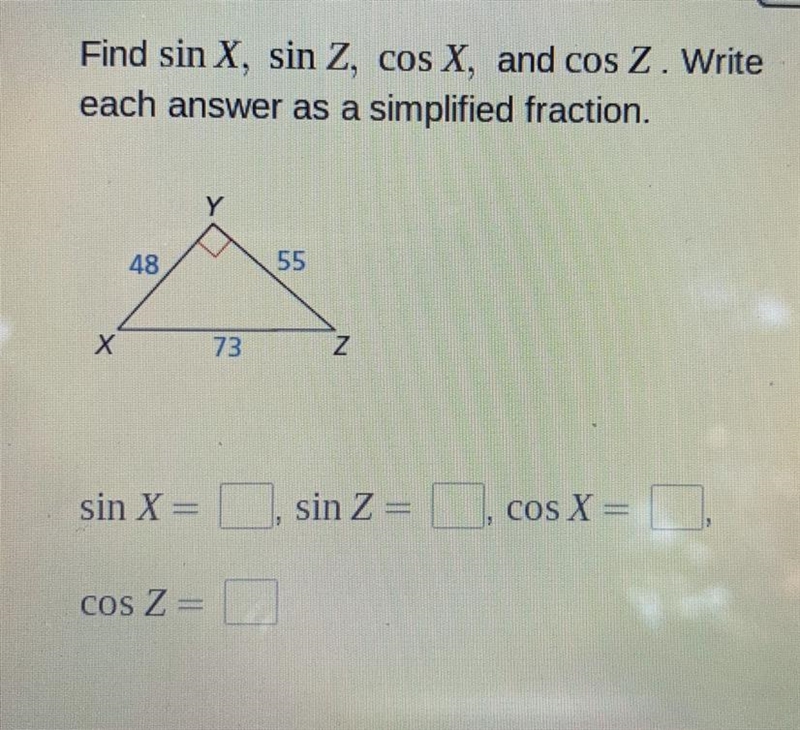 Find sin x, sin z, cos x, and cos z. Write each answer as a simplified fraction-example-1