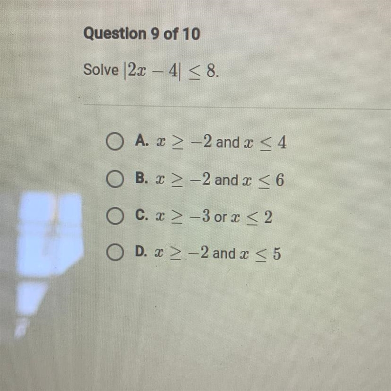 Solve |2x-4|<8 (Picture added, multiple choice)-example-1