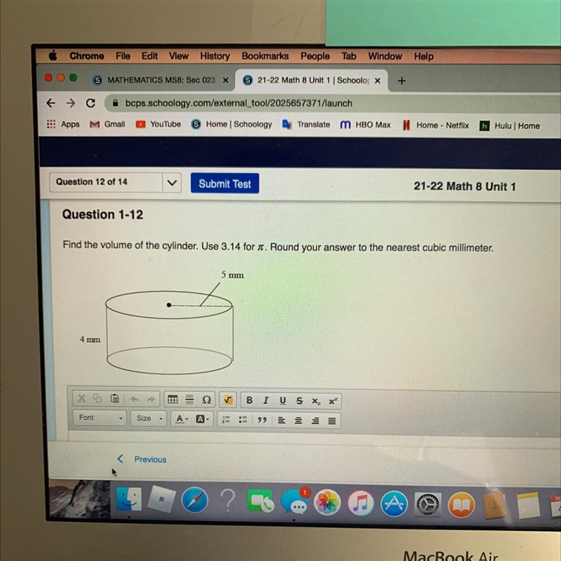 HELP ITS DUE TODAY I ONLY HAVE 10 min ! Find the volume of the cylinder. Use 3.14 for-example-1