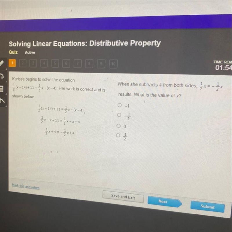 Carissa begins to solve the equation 1/2(x-14)+11=1/2x-(x-4) her work is correct and-example-1