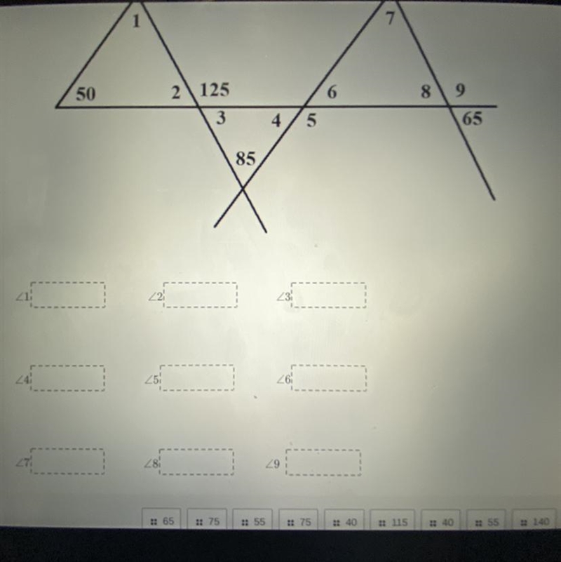 Help me find the measure of each numbered angle please!-example-1