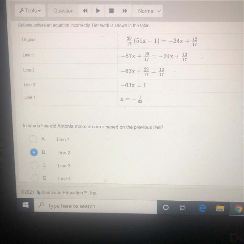 Antonia solves an equation incorrectly. Her work is shown in the table Original 27 (51x-example-1