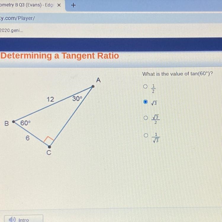 What is the value of tan(60°)? A. 1/2 B. √3 C. √3/2 D. 1/√3-example-1