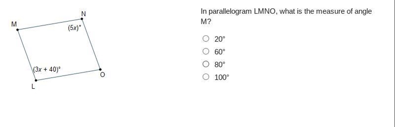 In parallelogram LMNO, what is the measure of angle M? please helppppp-example-1