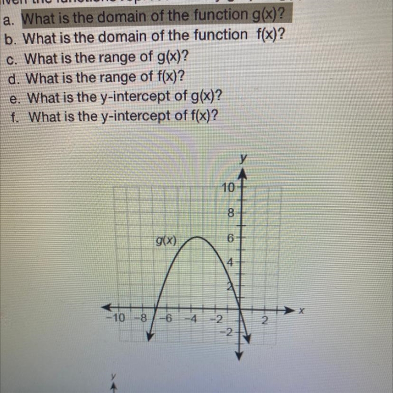 What is the domain of the function g(x) pls help what are the answers a through f-example-1