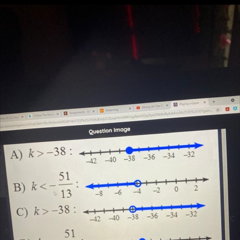 Solve and graph. k - 13 > -51-example-1