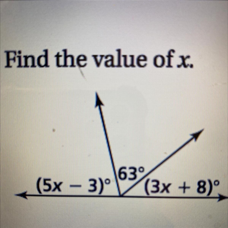 Find the value of x. 163 (5x - 3) (3x + 8)-example-1