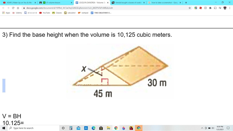 Find the base hei ght when the volume is 10,125 cubic meters.-example-1