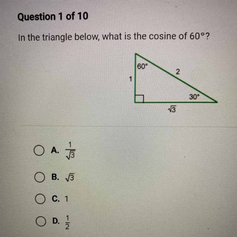 In the triangle below, what is the cosine of 60°?-example-1