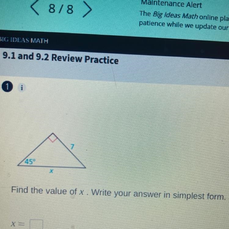 45° X Find the value of x. Write your answer in simplest form. Please help meee so-example-1