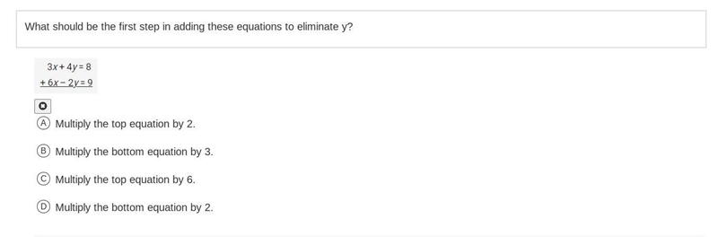 What should be the first step in adding these equations to eliminate y?-example-1