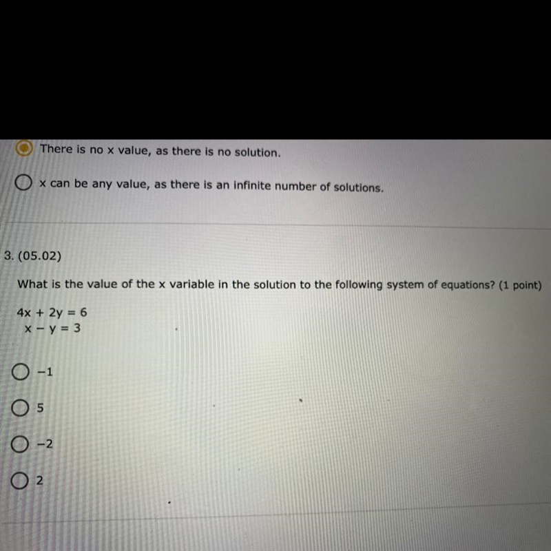 HELP PLS What is the value of the x variable in the solution to the following system-example-1