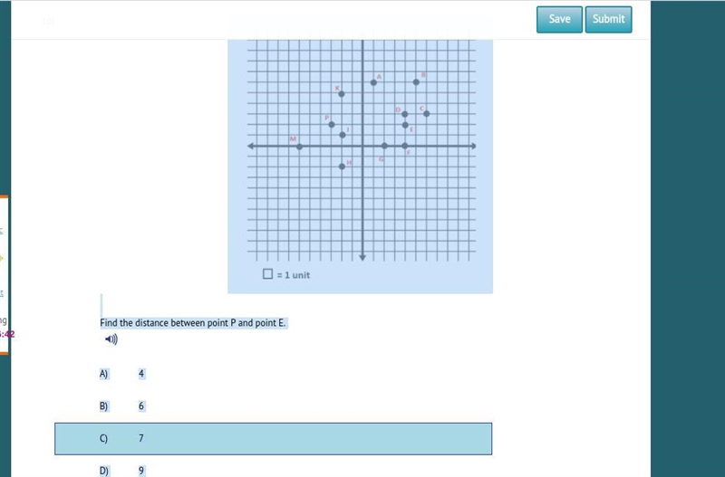 Find the distance between point P and point E. A) 4 B) 6 C) 7 D) 9-example-1