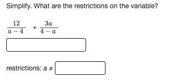 Simplify. What are the restrictions on the variable?-example-1