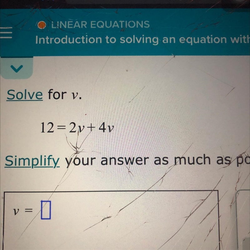 Solve for v. 12=2v+4v-example-1