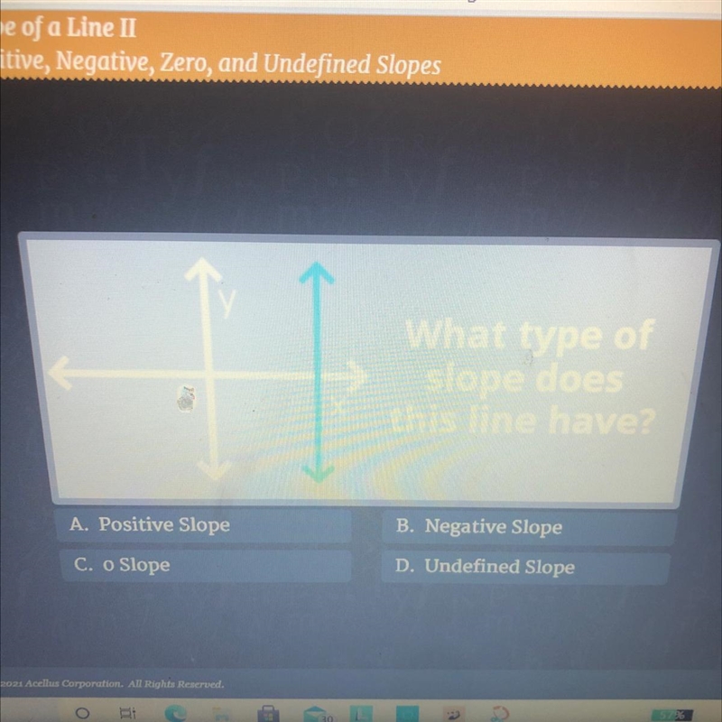 What type of slope does this line have? A. Positive Slope B. Negative Slope C. o Slope-example-1