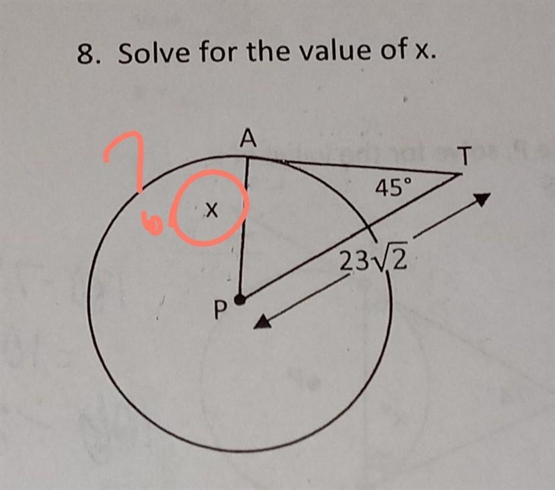 Please help:) find x its a right triangle so side AT and side AP are congruent​-example-1